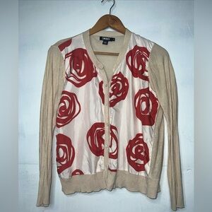 DKNY Women's 100% Tussah Silk Cardigan Sweater Button Up Ivory Red Roses Size M
